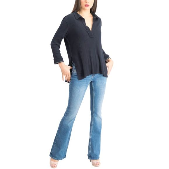 FREE PEOPLE Annie Rib Knit Collared Top Women S Navy Boho Stylish Travel Resort - Picture 3 of 15